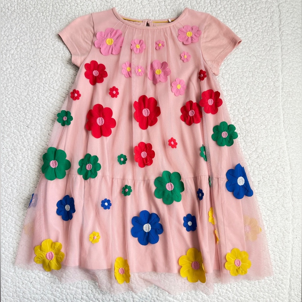 Mini Boden Pink Dress with Colorful Floral Appliqué